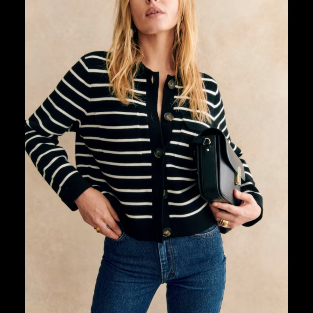 Sézane Betty cardigan black ecru stripe  merino wool sweater knit S winter $200